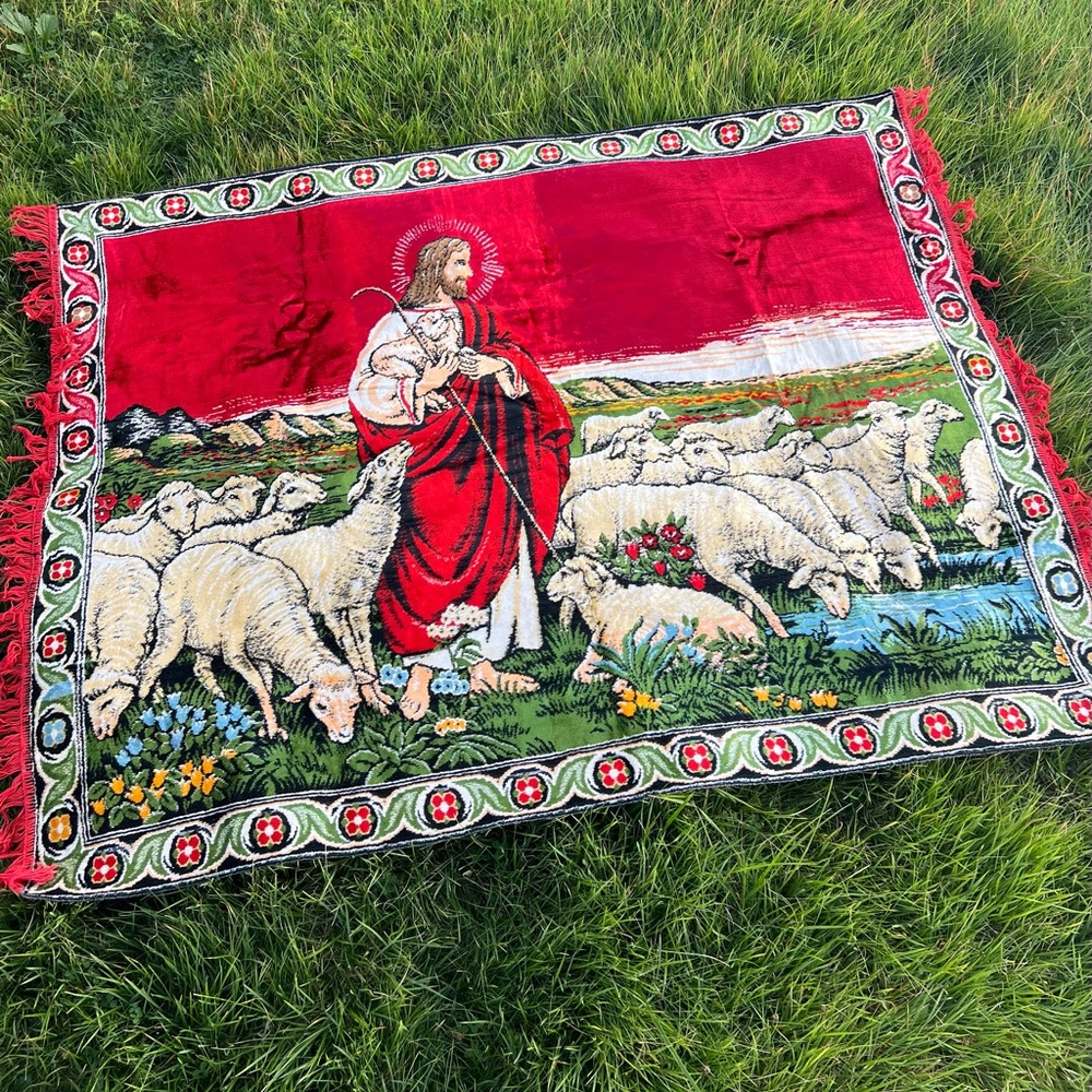 Vintage Jesus Shepard Religious Wall Rug Tapestry